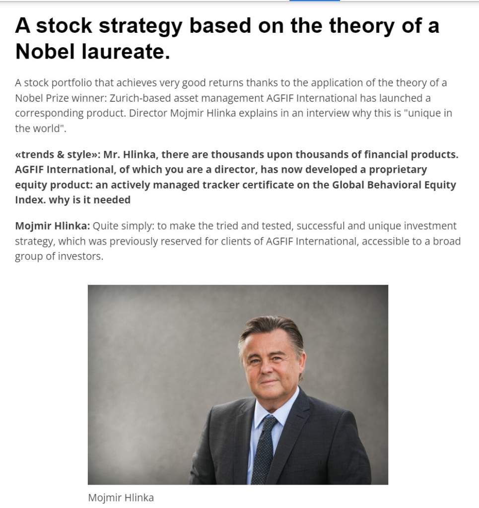 AGFIF TRACKER CERTIFICATE ON GLOBAL BEHAVIORAL EQUITY INDEX